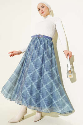 Ekoseli Kemerli Şifon Etek İndigo - Etek