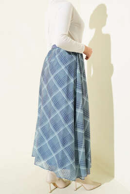 Ekoseli Kemerli Şifon Etek İndigo - Etek