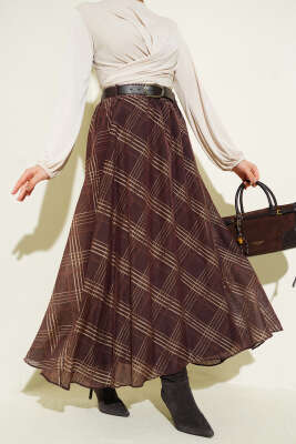 Ekoseli Kemerli Şifon Etek Kahve - DUFON