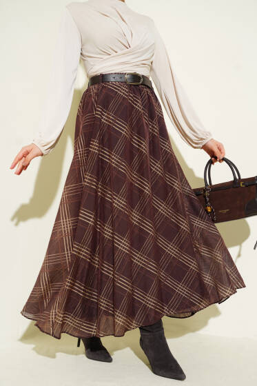 Ekoseli Kemerli Şifon Etek Kahve - Etek