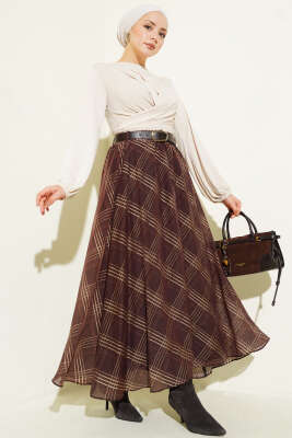 Ekoseli Kemerli Şifon Etek Kahve - Etek