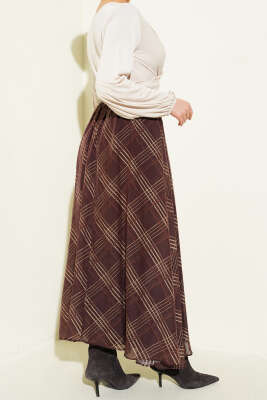 Ekoseli Kemerli Şifon Etek Kahve - Etek