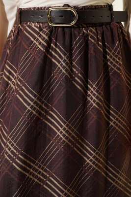 Ekoseli Kemerli Şifon Etek Kahve - Etek