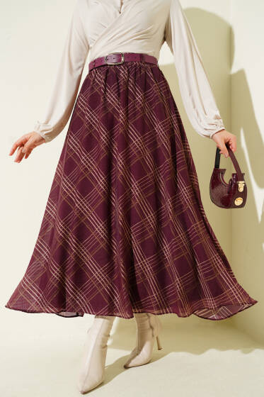 Ekoseli Kemerli Şifon Etek Mürdüm - Etek