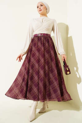 Ekoseli Kemerli Şifon Etek Mürdüm - Etek