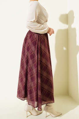 Ekoseli Kemerli Şifon Etek Mürdüm - Etek