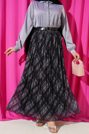 Ekoseli Kemerli Tül Kloş Etek Füme - Etek