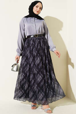 Ekoseli Kemerli Tül Kloş Etek Füme - Etek