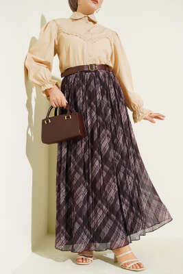 Ekoseli Kemerli Tül Kloş Etek Kahve - ALİ AKKAYA