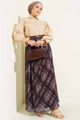 Ekoseli Kemerli Tül Kloş Etek Kahve - Etek