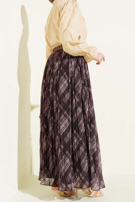 Ekoseli Kemerli Tül Kloş Etek Kahve - Etek