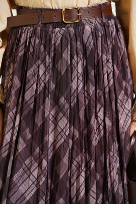 Ekoseli Kemerli Tül Kloş Etek Kahve - Etek