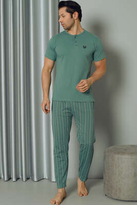 Ekoseli Kısa Kol Erkek Pijama Takımı Yeşil - Thumbnail