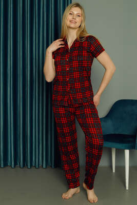 Ekoseli Kısa Kol Kadın Pijama Takımı Kırmızı - Thumbnail