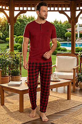 Ekoseli Kısa Kollu Erkek Pijama Takımı Bordo - GLİSA