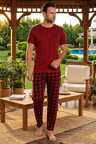 Ekoseli Kısa Kollu Erkek Pijama Takımı Bordo - Pijama