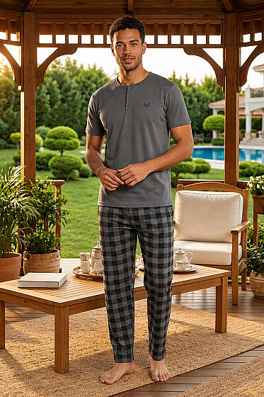Ekoseli Kısa Kollu Erkek Pijama Takımı Füme - Pijama