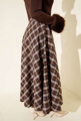 Ekoseli Kloş Etek Acı Kahve - Etek