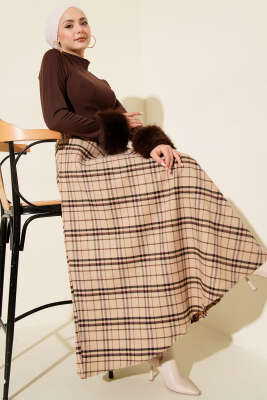 Ekoseli Kloş Etek Bej - Etek