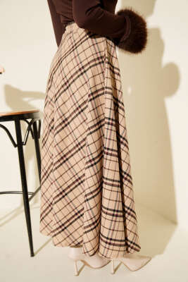 Ekoseli Kloş Etek Bej - Etek