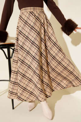 Ekoseli Kloş Etek Bej - HBS