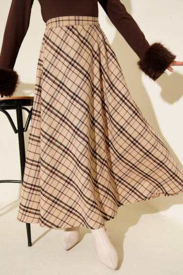 Ekoseli Kloş Etek Bej - Günün Seçilenleri