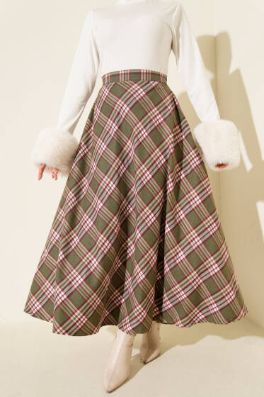 Ekoseli Kloş Etek Haki - Günün Seçilenleri