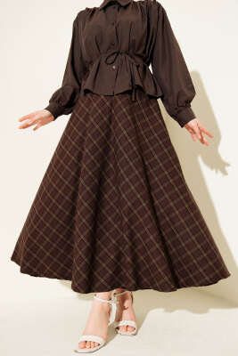 Ekoseli Kloş Etek Haki Kahve - HBS