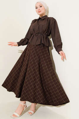 Ekoseli Kloş Etek Haki Kahve - Etek