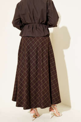 Ekoseli Kloş Etek Haki Kahve - Etek