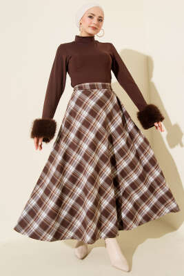 Ekoseli Kloş Etek Kahve - Günün Seçilenleri