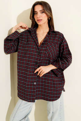 Ekoseli Oversize Gömlek Bordo - Kadın Giyim Modelleri