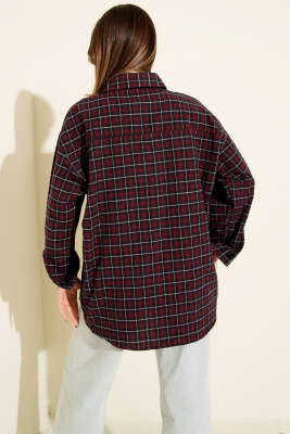 Ekoseli Oversize Gömlek Bordo - Kadın Giyim Modelleri