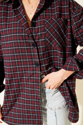 Ekoseli Oversize Gömlek Bordo - Kadın Giyim Modelleri