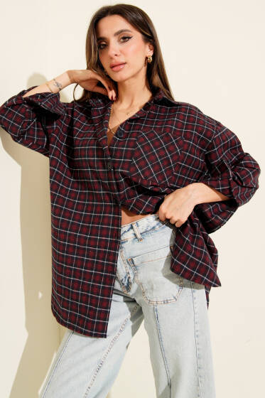 Ekoseli Oversize Gömlek Bordo - Kadın Giyim Modelleri