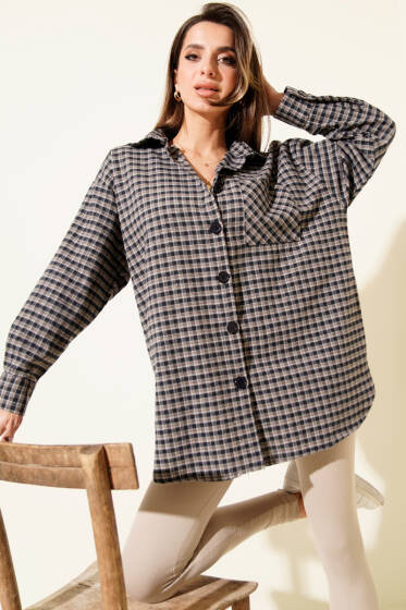 Ekoseli Oversize Gömlek Camel - Kadın Giyim Modelleri