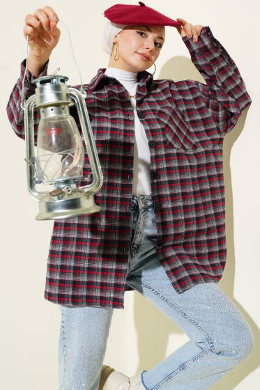 Ekoseli Oversize Gömlek Füme - Gömlek