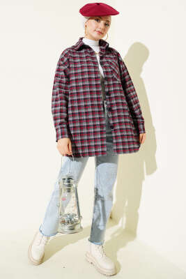 Ekoseli Oversize Gömlek Füme - Gömlek