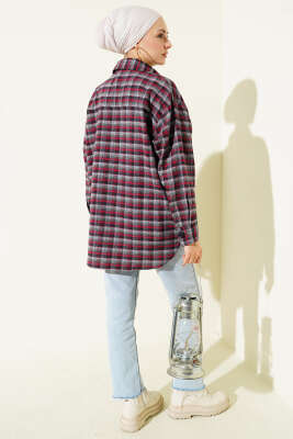 Ekoseli Oversize Gömlek Füme - Gömlek