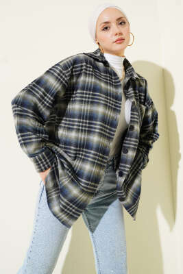 Ekoseli Oversize Gömlek Lacivert - TİLLE