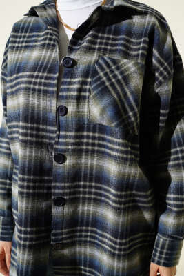 Ekoseli Oversize Gömlek Lacivert - Gömlek