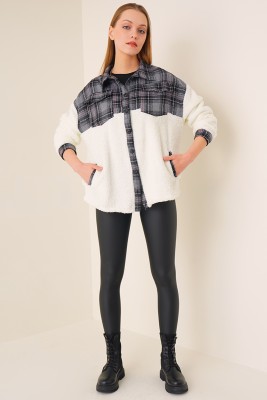 Ekoseli Peluş Füme Ceket - Kadın Giyim Modelleri