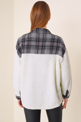 Ekoseli Peluş Füme Ceket - Kadın Giyim Modelleri