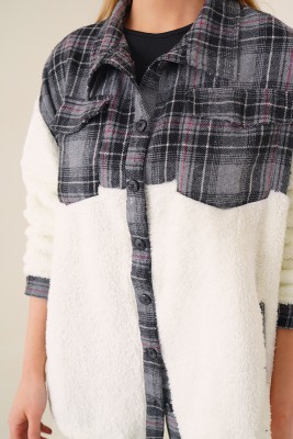 Ekoseli Peluş Füme Ceket - Kadın Giyim Modelleri