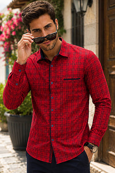 Ekoseli Slim Fit Erkek Gömlek Kırmızı - Kampanyalı Ürünler