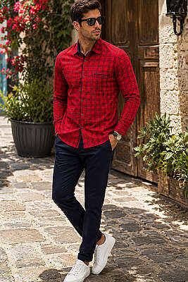 Ekoseli Slim Fit Erkek Gömlek Kırmızı - Kampanyalı Ürünler