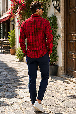 Ekoseli Slim Fit Erkek Gömlek Kırmızı - Kampanyalı Ürünler