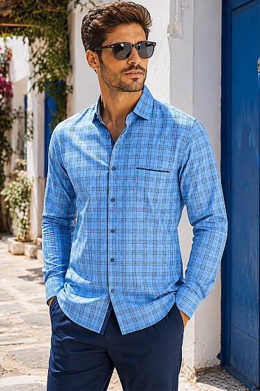 Ekoseli Slim Fit Erkek Gömlek Mavi - Kampanyalı Ürünler