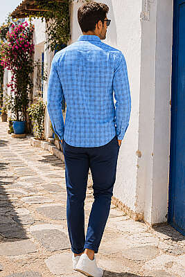 Ekoseli Slim Fit Erkek Gömlek Mavi - Kampanyalı Ürünler