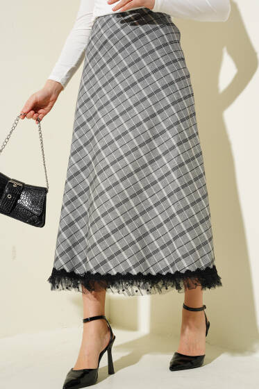 Ekoseli Ucu Tüllü Etek Gri - Uzun Etek
